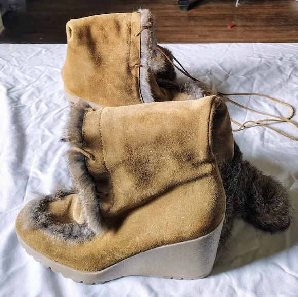 Ladies 8 Coach Rare Camel Suede Rabbit Fur Arctic Blast Knee High Wedge Boot - Picture 3 of 6